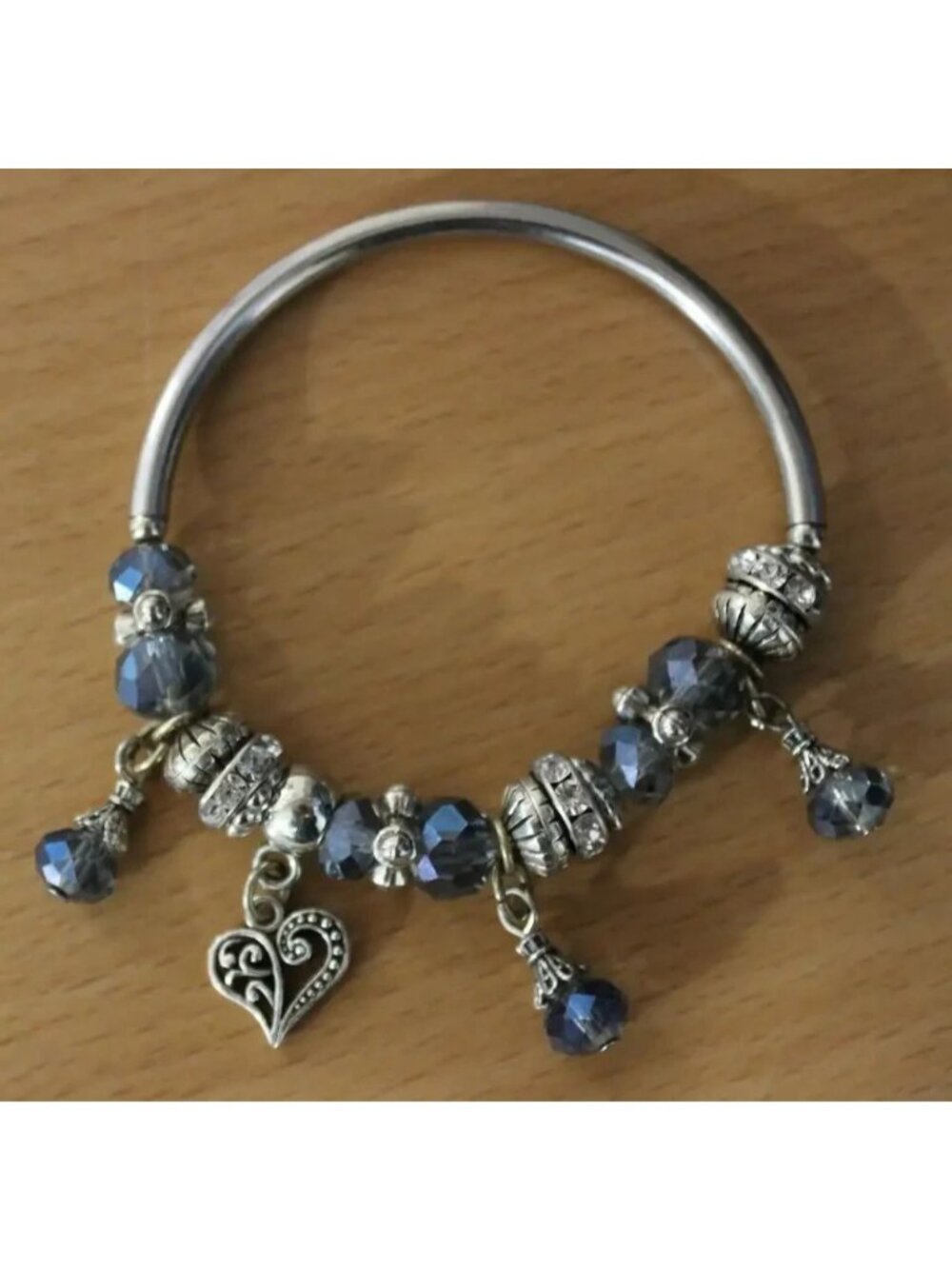 Blue Crystal & Silver Heart Charm Bangle Bracelet Style